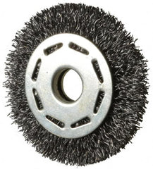 Value Collection - 2-1/2" OD, 3/8" Arbor Hole, Crimped Steel Wheel Brush - 5/16" Face Width, 1/2" Trim Length, 0.012" Filament Diam, 6,000 RPM - Exact Tooling