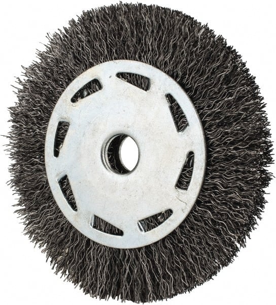 Value Collection - 4" OD, 1/2" Arbor Hole, Crimped Steel Wheel Brush - 7/16" Face Width, 23/32" Trim Length, 0.012" Filament Diam, 5,000 RPM - Exact Tooling