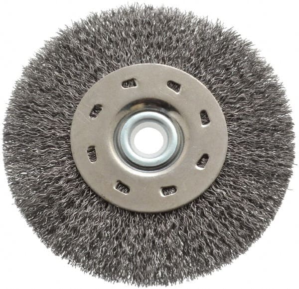 Value Collection - 5" OD, 1/2" Arbor Hole, Crimped Steel Wheel Brush - 1/2" Face Width, 1-15/64" Trim Length, 0.012" Filament Diam, 5,000 RPM - Exact Tooling