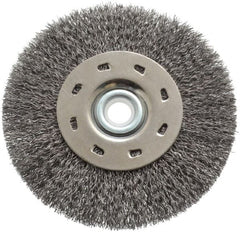 Value Collection - 5" OD, 1/2" Arbor Hole, Crimped Steel Wheel Brush - 1/2" Face Width, 1-15/64" Trim Length, 0.012" Filament Diam, 5,000 RPM - Exact Tooling