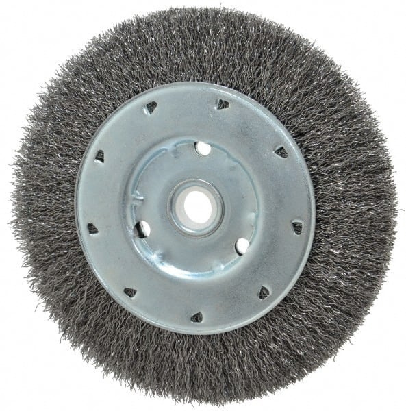 Value Collection - 6" OD, 1/2" Arbor Hole, Crimped Steel Wheel Brush - 1/2" Face Width, 1-15/64" Trim Length, 0.012" Filament Diam, 5,000 RPM - Exact Tooling