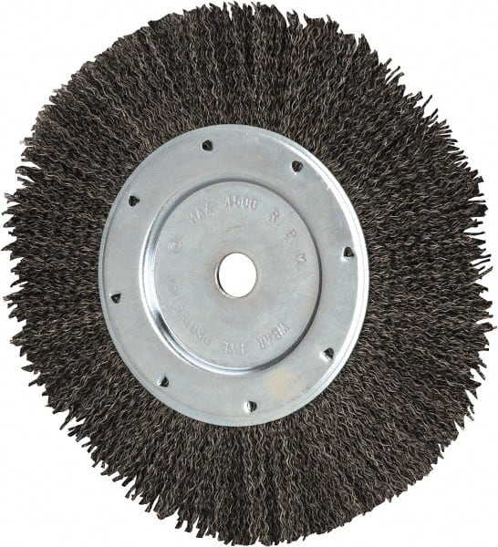 Value Collection - 8" OD, 1/2" Arbor Hole, Crimped Steel Wheel Brush - 9/16" Face Width, 1-9/16" Trim Length, 0.012" Filament Diam, 4,500 RPM - Exact Tooling