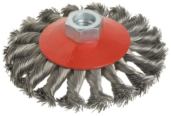 Value Collection - 4" OD, M14x2.00 Arbor Hole, Knotted Steel Wheel Brush - 1/2" Face Width, 7/8" Trim Length, 0.015" Filament Diam, 12,500 RPM - Exact Tooling