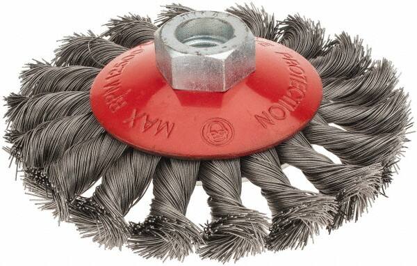 Value Collection - 4" OD, M14x2.00 Arbor Hole, Knotted Steel Wheel Brush - 1/2" Face Width, 7/8" Trim Length, 0.008" Filament Diam, 12,500 RPM - Exact Tooling