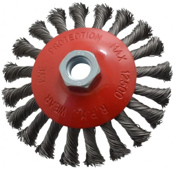 Value Collection - 4-9/16" OD, 5/8-11 Arbor Hole, Knotted Steel Wheel Brush - 9/16" Face Width, 7/8" Trim Length, 0.015" Filament Diam, 12,500 RPM - Exact Tooling