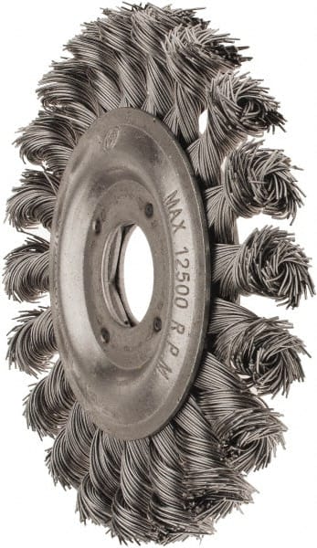 Value Collection - 4-1/2" OD, 7/8" Arbor Hole, Knotted Steel Wheel Brush - 1/2" Face Width, 7/8" Trim Length, 0.012" Filament Diam, 12,500 RPM - Exact Tooling