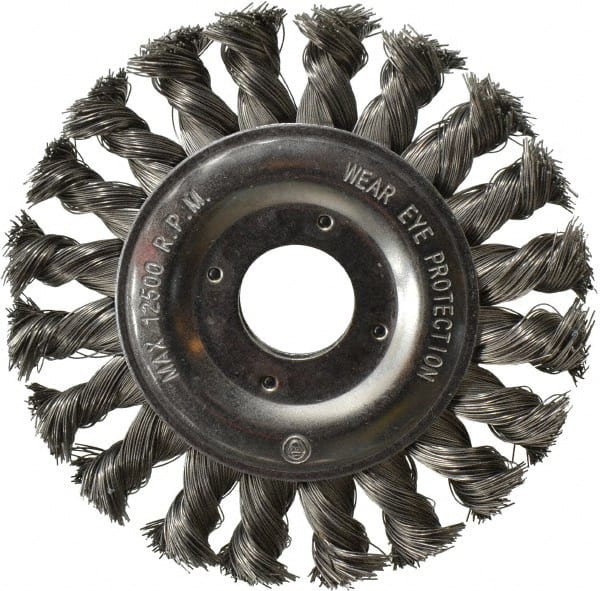 Value Collection - 4-1/2" OD, 7/8" Arbor Hole, Knotted Steel Wheel Brush - 1/2" Face Width, 7/8" Trim Length, 0.008" Filament Diam, 12,500 RPM - Exact Tooling