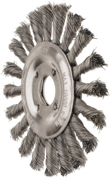 Value Collection - 5" OD, 7/8" Arbor Hole, Knotted Steel Wheel Brush - 1/2" Face Width, 1-1/8" Trim Length, 0.008" Filament Diam, 10,000 RPM - Exact Tooling