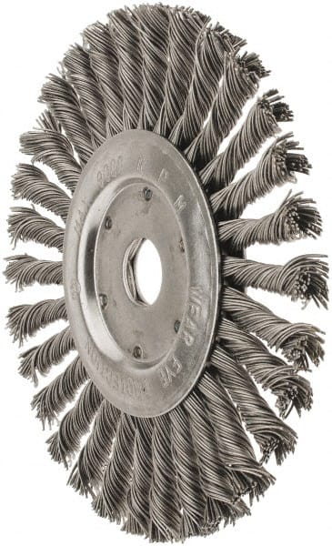 Value Collection - 7" OD, 7/8" Arbor Hole, Knotted Steel Wheel Brush - 1/2" Face Width, 1-11/16" Trim Length, 0.015" Filament Diam, 9,000 RPM - Exact Tooling