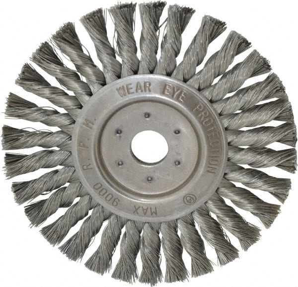 Value Collection - 7" OD, 7/8" Arbor Hole, Knotted Steel Wheel Brush - 1/2" Face Width, 1-11/16" Trim Length, 0.008" Filament Diam, 9,000 RPM - Exact Tooling