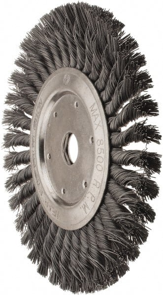 Value Collection - 8" OD, 7/8" Arbor Hole, Knotted Steel Wheel Brush - 1/2" Face Width, 1-11/16" Trim Length, 0.012" Filament Diam, 8,500 RPM - Exact Tooling