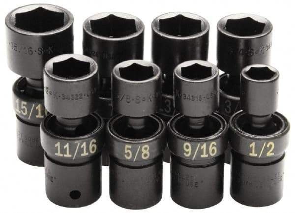 SK - 8 Piece 1/2" Drive Standard Impact Socket Set - 6 Points, 1/2 to 15/16", Inch Measurement Standard - Exact Tooling