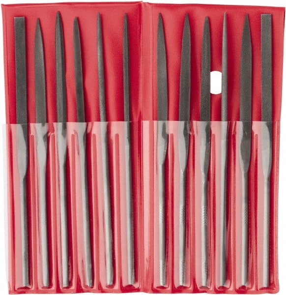 Value Collection - 12 Piece Swiss Pattern File Set - 5-1/2" Long, 2 Coarseness, Round Handle, Set Includes Barrette, Crossing, Equalling, Flat, Half Round, Knife, Round, Round Edge Joint, Slitting, Square, Three Square - Exact Tooling