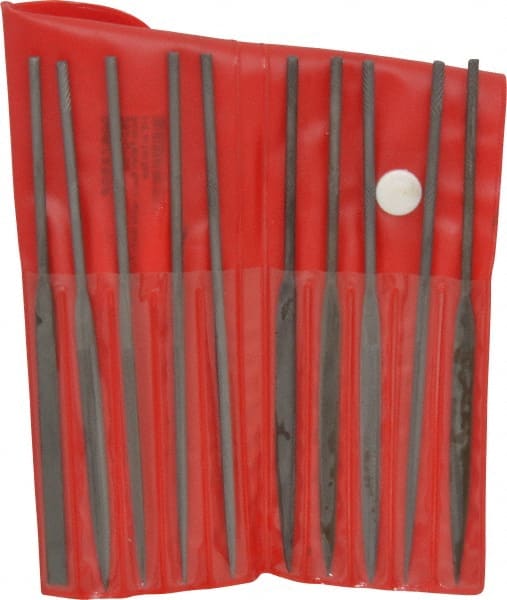 Value Collection - 10 Piece Swiss Pattern File Set - 5-1/2" Long, 2 Coarseness, Round Handle, Set Includes Barrette, Crossing, Equalling, Flat, Half Round, Knife, Marking, Round, Three Square - Exact Tooling