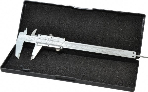 Value Collection - 0 to 6" Carbon Steel Vernier Caliper - 0.02mm Graduation, 1.5748" Jaw Depth, 0.0012" Accuracy, Includes Depth, Inside Diameter, Outside Diameter, Step - Exact Tooling