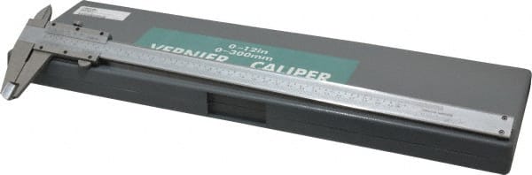 Value Collection - 0 to 12" Stainless Steel Vernier Caliper - 0.02mm Graduation, 2.3622" Jaw Depth, 0.0016" Accuracy, Includes Depth, Inside Diameter, Outside Diameter, Step - Exact Tooling