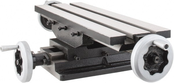 Interstate - 6" Table Width x 19 Table Length, 7-1/2" Cross Travel x 11" Longitudinal Travel, Slide Machining Table - 5" Overall Height, Two 9/16" Longitudinal T Slots, 10-1/2" Base Length x 8" Base Width - Exact Tooling