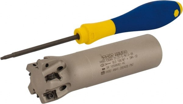 Iscar - 1-1/4" Cut Diam, 0.315" Max Depth of Cut, 1" Shank Diam, 4" OAL, Indexable Square Shoulder Helical End Mill - H490 AN.X 09 Inserts, Weldon Shank, 90° Lead Angle, Through Coolant, Series Helido - Exact Tooling