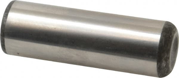 Made in USA - 1" Diam x 3" Pin Length Grade 8 Alloy Steel Standard Dowel Pin - Bright Finish, C 47-58 & C 60 (Surface) Hardness, 117,800 Lb (Single Shear), 235,600 Lb (Double Shear) Breaking Strength, 1 Beveled & 1 Rounded End - Exact Tooling