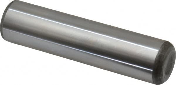 Made in USA - 1" Diam x 4" Pin Length Grade 8 Alloy Steel Standard Dowel Pin - Bright Finish, C 47-58 & C 60 (Surface) Hardness, 117,800 Lb (Single Shear), 235,600 Lb (Double Shear) Breaking Strength, 1 Beveled & 1 Rounded End - Exact Tooling