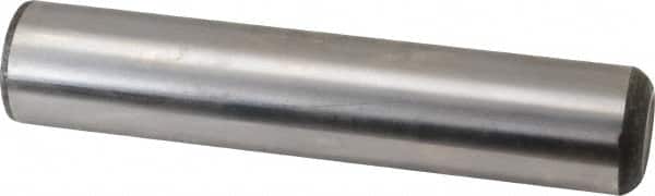 Made in USA - 1" Diam x 5" Pin Length Grade 8 Alloy Steel Standard Dowel Pin - Bright Finish, C 47-58 & C 60 (Surface) Hardness, 117,800 Lb (Single Shear), 235,600 Lb (Double Shear) Breaking Strength, 1 Beveled & 1 Rounded End - Exact Tooling