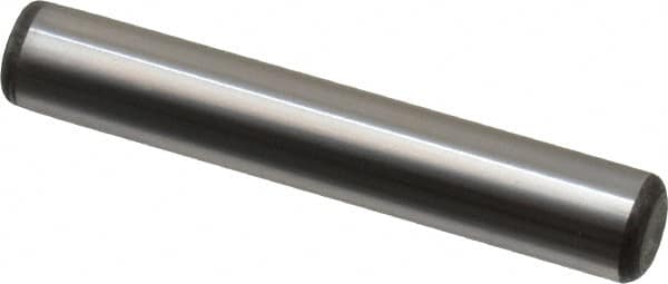 Made in USA - 3/8" Diam x 2-1/4" Pin Length Grade 8 Alloy Steel Standard Dowel Pin - Bright Finish, C 47-58 & C 60 (Surface) Hardness, 16,550 Lb (Single Shear), 33,100 Lb (Double Shear) Breaking Strength, 1 Beveled & 1 Rounded End - Exact Tooling