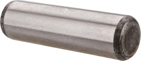 Made in USA - 7/16" Diam x 1-1/2" Pin Length Grade 8 Alloy Steel Standard Dowel Pin - Bright Finish, C 47-58 & C 60 (Surface) Hardness, 22,550 Lb (Single Shear), 45,100 Lb (Double Shear) Breaking Strength, 1 Beveled & 1 Rounded End - Exact Tooling