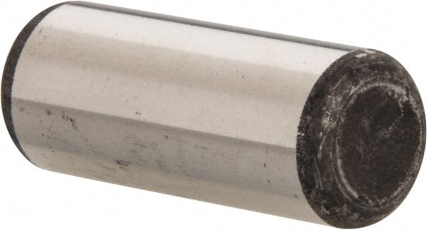 Made in USA - 1/2" Diam x 1-1/4" Pin Length Grade 8 Alloy Steel Standard Dowel Pin - Bright Finish, C 47-58 & C 60 (Surface) Hardness, 29,450 Lb (Single Shear), 58,900 Lb (Double Shear) Breaking Strength, 1 Beveled & 1 Rounded End - Exact Tooling