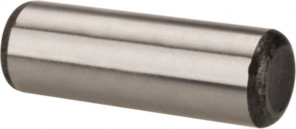 Made in USA - 1/2" Diam x 1-1/2" Pin Length Grade 8 Alloy Steel Standard Dowel Pin - Bright Finish, C 47-58 & C 60 (Surface) Hardness, 29,450 Lb (Single Shear), 58,900 Lb (Double Shear) Breaking Strength, 1 Beveled & 1 Rounded End - Exact Tooling