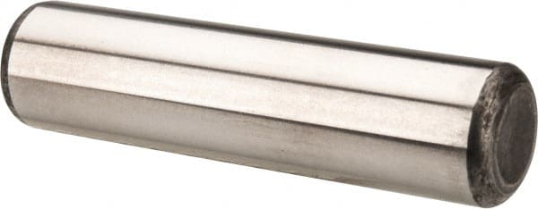 Made in USA - 1/2" Diam x 2" Pin Length Grade 8 Alloy Steel Standard Dowel Pin - Bright Finish, C 47-58 & C 60 (Surface) Hardness, 29,450 Lb (Single Shear), 58,900 Lb (Double Shear) Breaking Strength, 1 Beveled & 1 Rounded End - Exact Tooling