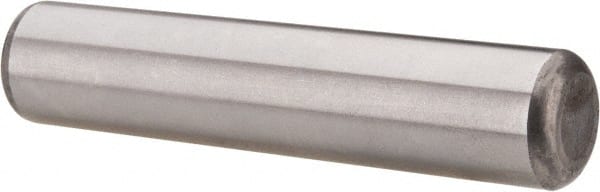 Made in USA - 5/8" Diam x 3" Pin Length Grade 8 Alloy Steel Standard Dowel Pin - Bright Finish, C 47-58 & C 60 (Surface) Hardness, 46,000 Lb (Single Shear), 92,000 Lb (Double Shear) Breaking Strength, 1 Beveled & 1 Rounded End - Exact Tooling