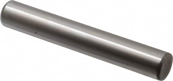Made in USA - 5/8" Diam x 4" Pin Length Grade 8 Alloy Steel Standard Dowel Pin - Bright Finish, C 47-58 & C 60 (Surface) Hardness, 46,000 Lb (Single Shear), 92,000 Lb (Double Shear) Breaking Strength, 1 Beveled & 1 Rounded End - Exact Tooling