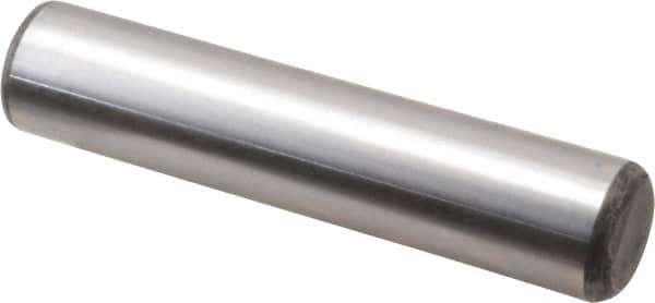 Made in USA - 3/4" Diam x 3-1/2" Pin Length Grade 8 Alloy Steel Standard Dowel Pin - Bright Finish, C 47-58 & C 60 (Surface) Hardness, 132,400 Lb (Double Shear), 66,200 Lb (Single Shear) Breaking Strength, 1 Beveled & 1 Rounded End - Exact Tooling