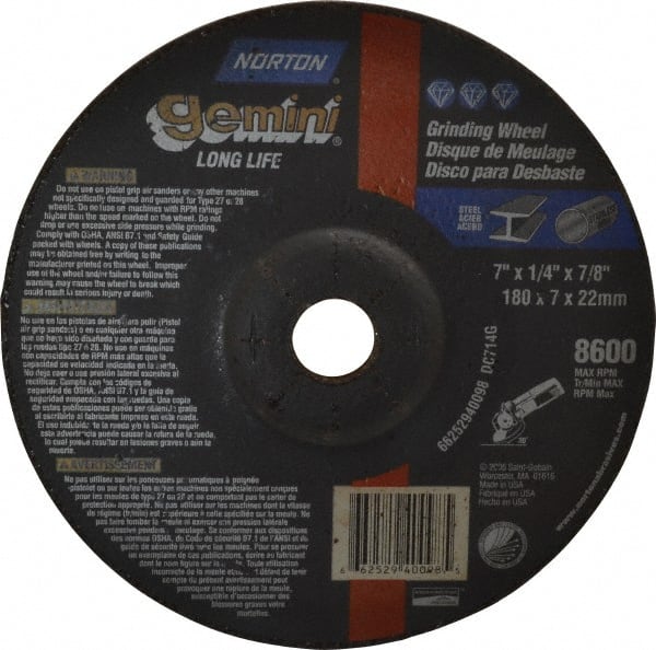 Norton - 7" Wheel Diam, 1/4" Wheel Thickness, 7/8" Arbor Hole, Type 27 Depressed Center Wheel - Aluminum Oxide, 8,600 Max RPM, Compatible with Angle Grinder - Exact Tooling