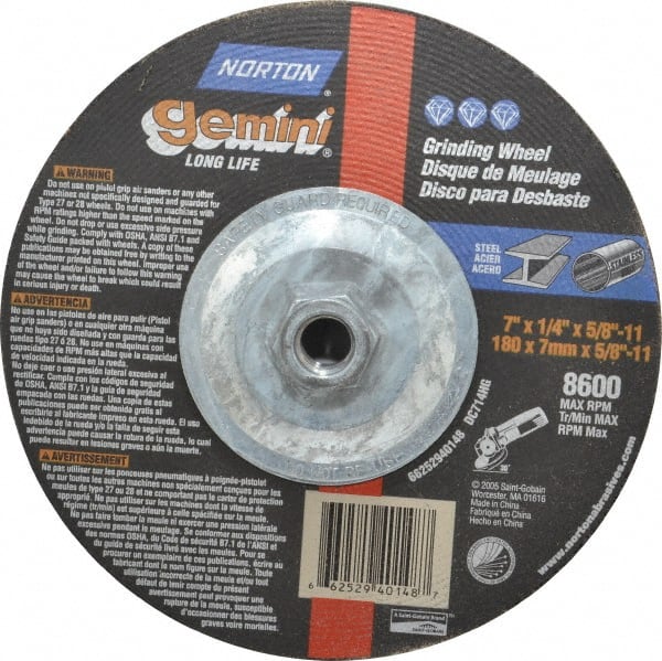 Norton - 7" Wheel Diam, 1/4" Wheel Thickness, Type 27 Depressed Center Wheel - Aluminum Oxide, 8,600 Max RPM, Compatible with Angle Grinder - Exact Tooling