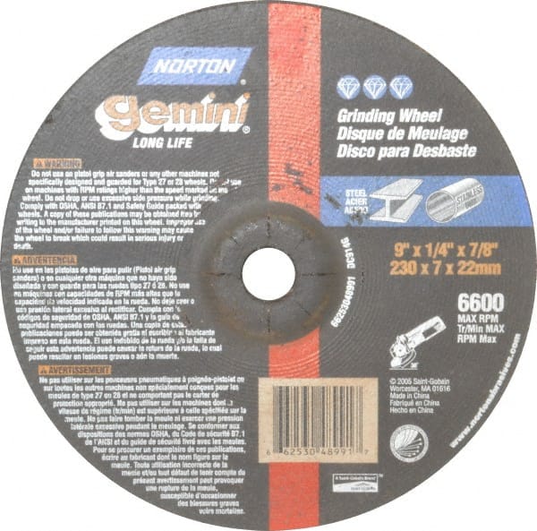 Norton - 9" Wheel Diam, 1/4" Wheel Thickness, 7/8" Arbor Hole, Type 27 Depressed Center Wheel - Aluminum Oxide, 6,600 Max RPM, Compatible with Angle Grinder - Exact Tooling