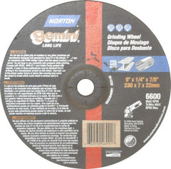 Norton - 9" Wheel Diam, 1/4" Wheel Thickness, 7/8" Arbor Hole, Type 27 Depressed Center Wheel - Aluminum Oxide, 6,600 Max RPM, Compatible with Angle Grinder - Exact Tooling