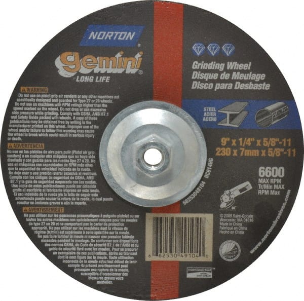 Norton - 9" Wheel Diam, 1/4" Wheel Thickness, Type 27 Depressed Center Wheel - Aluminum Oxide, 6,600 Max RPM, Compatible with Angle Grinder - Exact Tooling