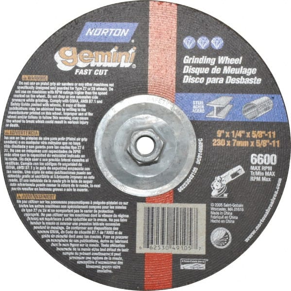 Norton - 9" Wheel Diam, 1/4" Wheel Thickness, Type 27 Depressed Center Wheel - Aluminum Oxide, 6,600 Max RPM, Compatible with Angle Grinder - Exact Tooling