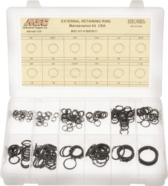 Made in USA - 300 Piece, 1/4 to 1-1/4", Steel, Snap External Retaining Ring Assortment - Includes Compartmented Case - Exact Tooling