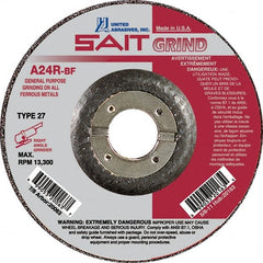 Sait - 24 Grit, 7" Wheel Diam, 1/4" Wheel Thickness, 7/8" Arbor Hole, Type 27 Depressed Center Wheel - Aluminum Oxide, Resinoid Bond, R Hardness, 8,500 Max RPM, Compatible with Angle Grinder - Exact Tooling