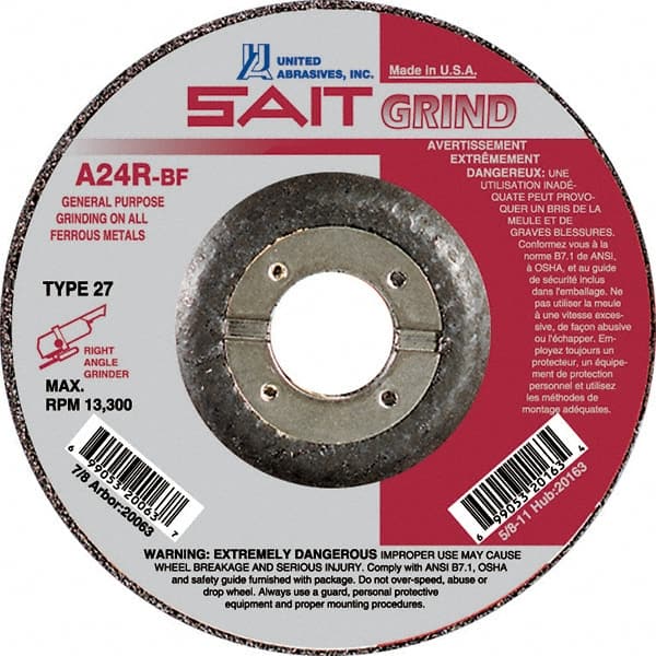 Sait - 24 Grit, 4" Wheel Diam, 1/4" Wheel Thickness, 5/8" Arbor Hole, Type 27 Depressed Center Wheel - Aluminum Oxide, Resinoid Bond, R Hardness, 13,500 Max RPM, Compatible with Angle Grinder - Exact Tooling