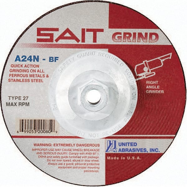 Sait - 24 Grit, 5" Wheel Diam, 1/4" Wheel Thickness, Type 27 Depressed Center Wheel - Aluminum Oxide, Resinoid Bond, N Hardness, 12,200 Max RPM, Compatible with Angle Grinder - Exact Tooling