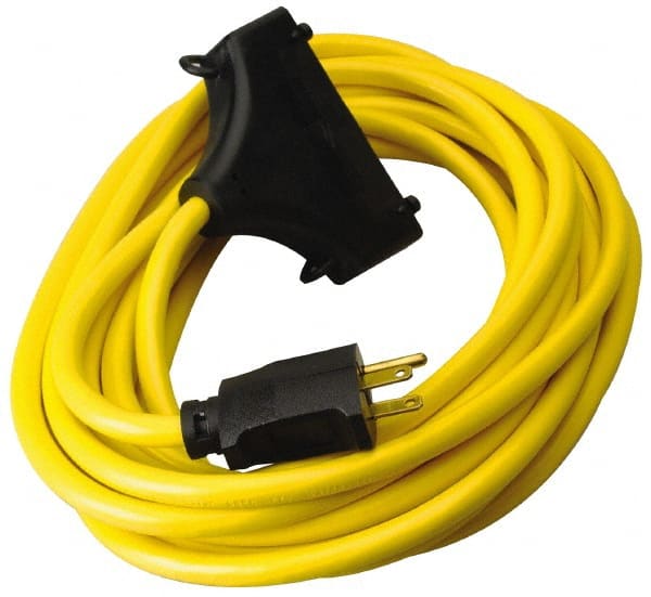 Southwire - 25', 12/3 Gauge/Conductors, Yellow Outdoor Extension Cord - 1 Receptacle, 15 Amps, 125 VAC, UL SJTW, NEMA 5-15P, 5-15R - Exact Tooling