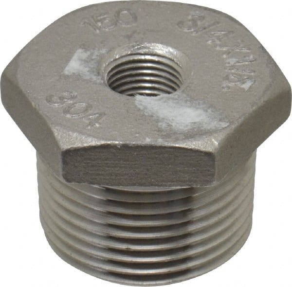 Merit Brass - 3/4 x 1/8" Grade 304 Stainless Steel Pipe Hex Bushing - MNPT x FNPT End Connections, 150 psi - Exact Tooling