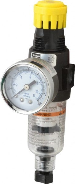 Parker - 1/4" NPT Port Miniature 1 Piece Filter/Regulator FRL Unit - Polycarbonate Bowl, 18 SCFM, 150 Max psi, 6.21" High, Manual Drain - Exact Tooling