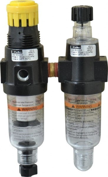 Parker - 1/4" NPT Port Miniature 2 Piece Filter/Regulator-Lubricator FRL Unit - Polycarbonate Bowl, 40 SCFM, 150 Max psi, 6.21" High, Manual Drain - Exact Tooling