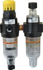 Parker - 1/4" NPT Port Miniature 2 Piece Filter/Regulator-Lubricator FRL Unit - Polycarbonate Bowl, 40 SCFM, 150 Max psi, 6.21" High, Manual Drain - Exact Tooling