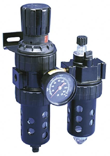 Parker - 1/2" NPT Port Standard 2 Piece Filter/Regulator-Lubricator FRL Unit - Polycarbonate Bowl, 90 SCFM, 150 Max psi, 11.76" High, Manual Drain - Exact Tooling