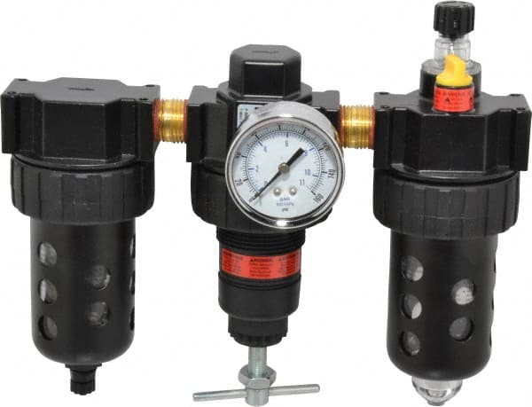 Parker - 1/2" NPT Port Intermediate 3 Piece Filter-Regulator-Lubricator FRL Unit - Polycarbonate Bowl, 90 SCFM, 150 Max psi, 7.93" High, Manual Drain - Exact Tooling